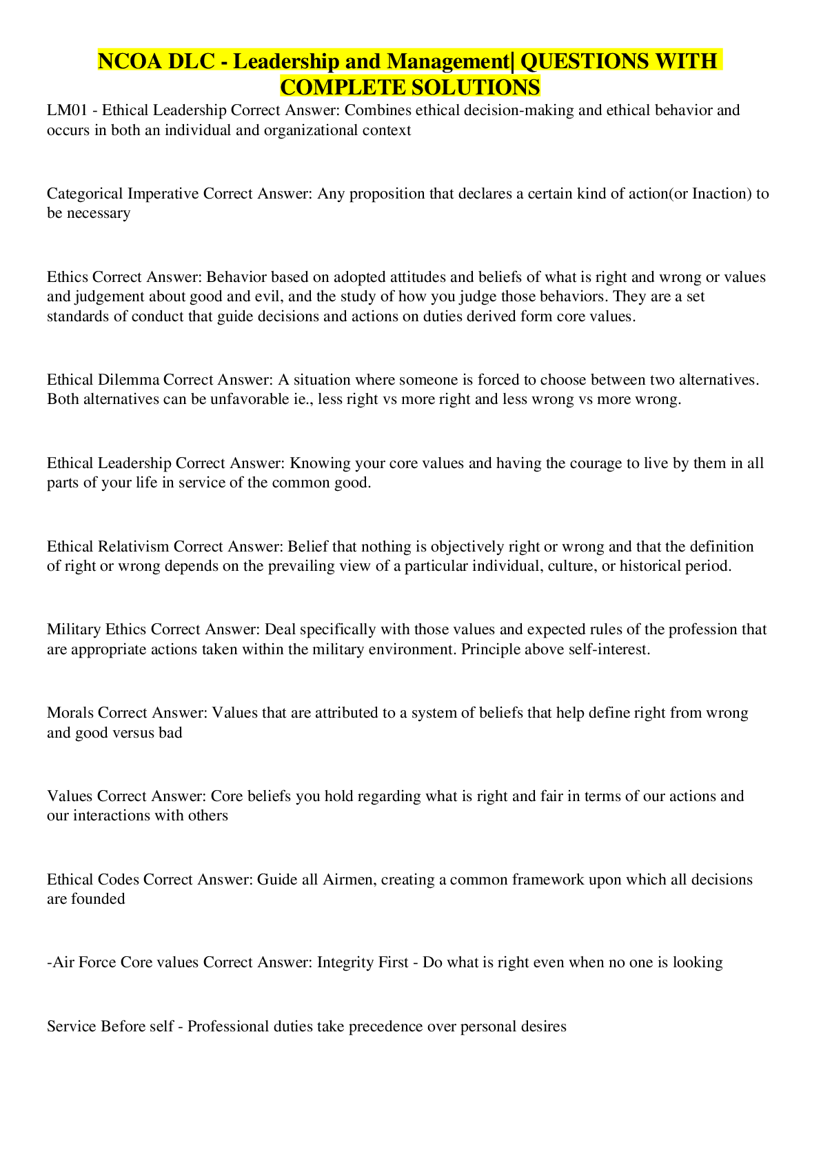 Preview image for NCOA DLC - Leadership and Management| QUESTIONS WITH COMPLETE SOLUTIONS